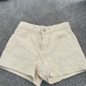 Zara High Waist Cream Shorts with Pearl Details